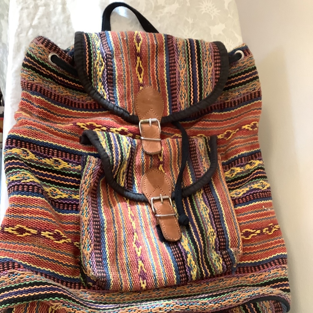 Retro BOHO hippie artsy backpack bag multi woven drawstring buckle hobo knapsack